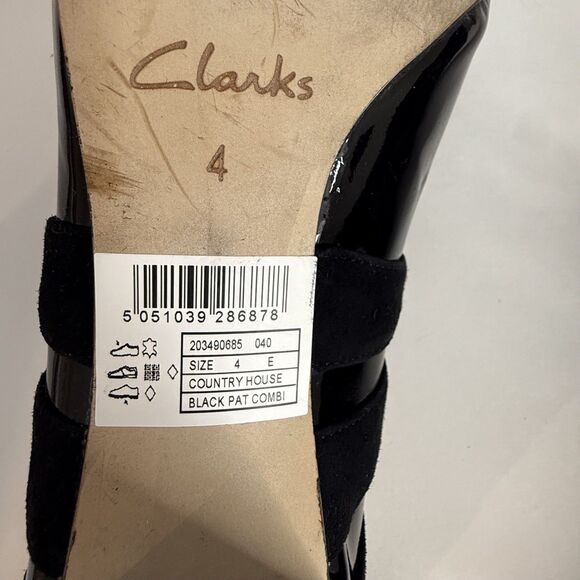 Clarks Womens Black Patent Leather Suede Slip On Heels Sz UK 4 US 6 Cushion Soft - Picture 7 of 8